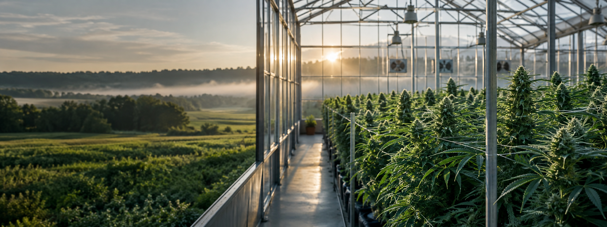 Controlled-environment greenhouse overlooking agricultural land